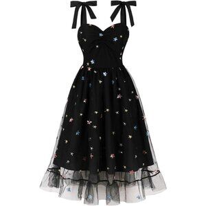 Women's Tie Strap Tulle Prom Dresses Sweetheart Flower Embroidery Dress